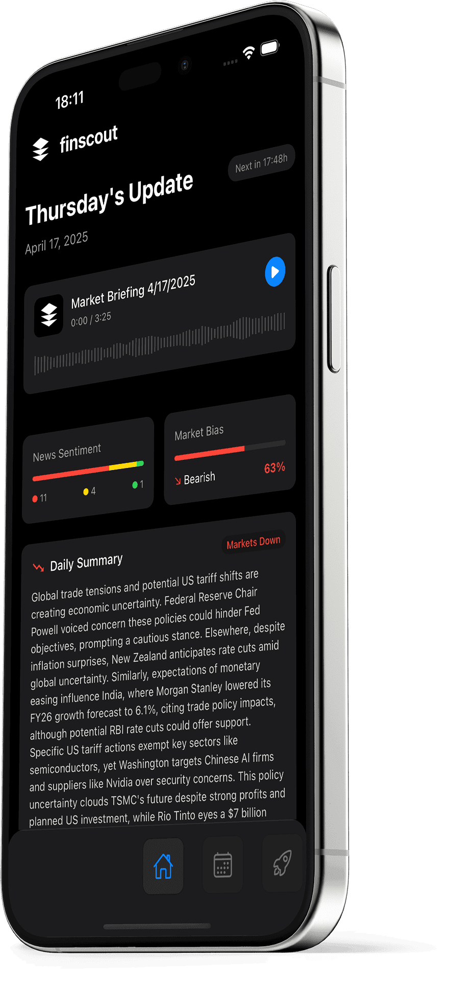 Dashboard showing curated market insights with asset-specific impact analysis, highlighting how news affects stocks like NVIDIA and Microsoft for smarter portfolio decisions.